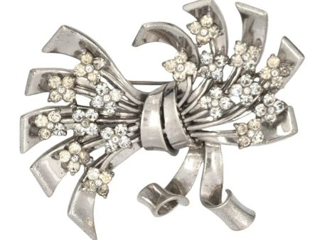 Diamanté Flower & Ribbon Sterling Bow Pennino Brooch For Sale