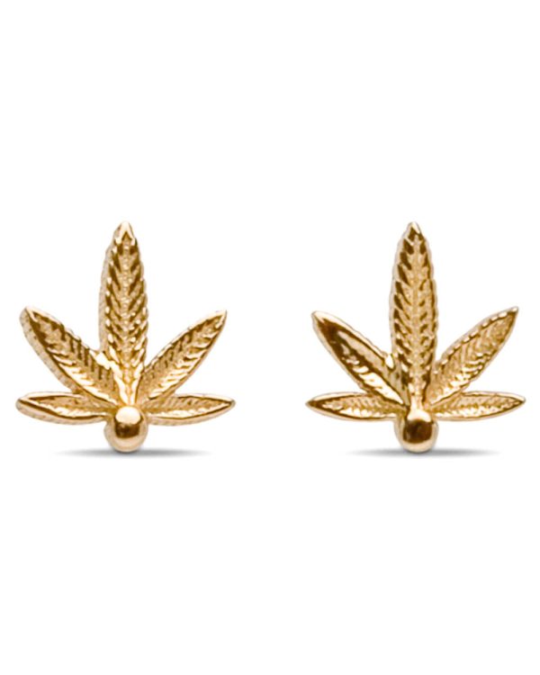 Yellow Gold Mini Cannabis Stud Earrings Cheap