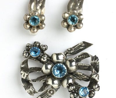 Aquamarine & Sterling 4-Loop Bow Brooch & Earrings Set Online Hot Sale