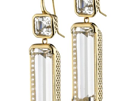 Yellow Gold Emerald Cut White Topaz Drop Earrings For Sale