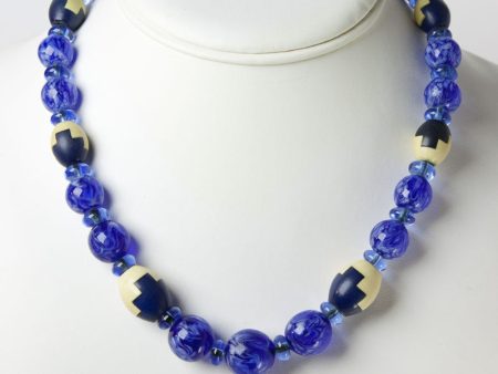 Blue & Cream Galalith Bead Necklace by Louis Rousselet Online Sale