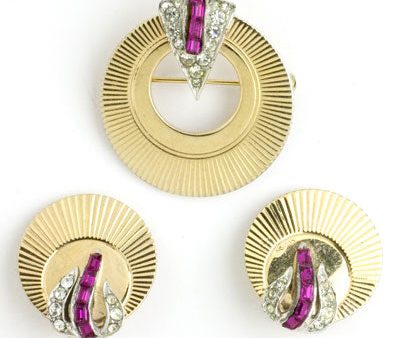 Ruby, Diamanté & Gold Circle Pin & Earrings Set Online Sale