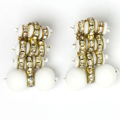 Milk Glass Bead, Diamanté & Gold Earrings by Miriam Haskell on Sale