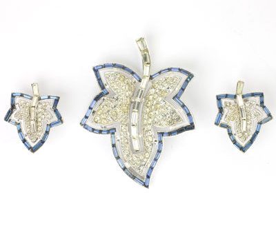 Sapphire & Diamanté  Jeweleaf  Trifari Brooch & Earrings Set Cheap