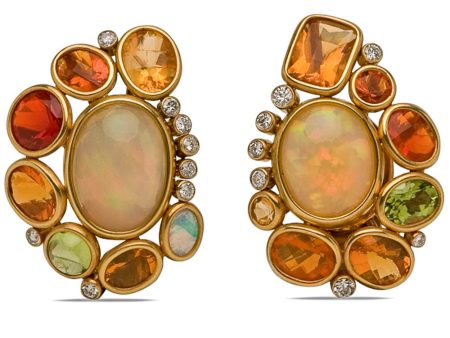 Yellow Gold Fire Opal and Peridot Button Earrings Online now