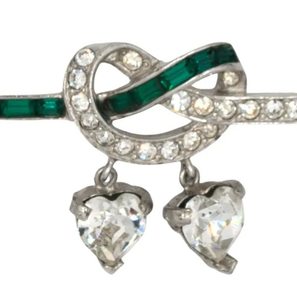 Emerald & Diamanté Bar Pin with Dangling Hearts For Cheap