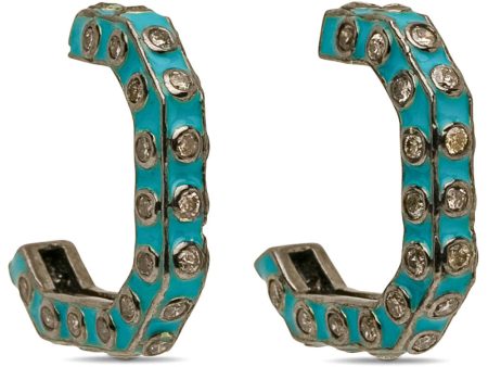 Blue Enamel Diamond Box Hoop Earrings Online now