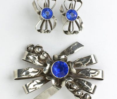 Sapphire & Sterling Bow Brooch & Earrings Set by Hobé For Cheap