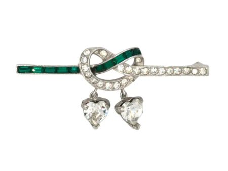 Emerald & Diamanté Bar Pin with Dangling Hearts For Cheap