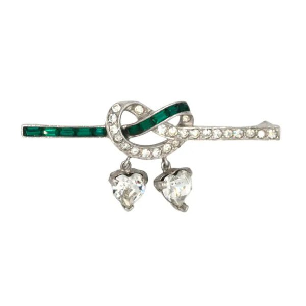 Emerald & Diamanté Bar Pin with Dangling Hearts For Cheap