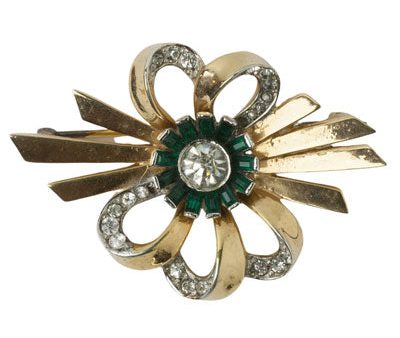 Emerald, Diamanté & Gold Bow Brooch by Mazer Bros. Fashion