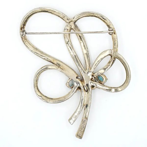 Gold, Turquoise & Diamanté Bow Brooch For Sale