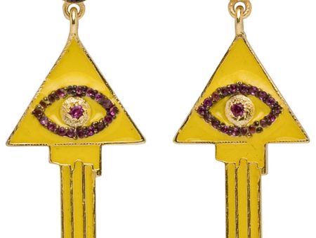 Yellow Enamel Evil Eye Key Earrings Online Hot Sale