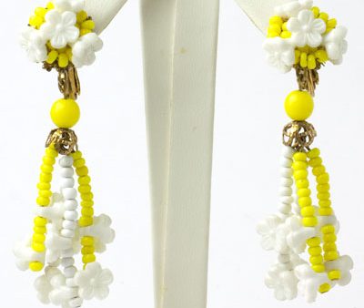 Yellow & White Beaded Flower 1960s Earrings Cheap