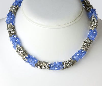 Blue Glass Flower & Diamanté Beaded Choker Necklace Hot on Sale