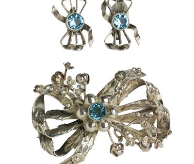 Aquamarine & Sterling Bow Brooch & Earrings Set For Discount