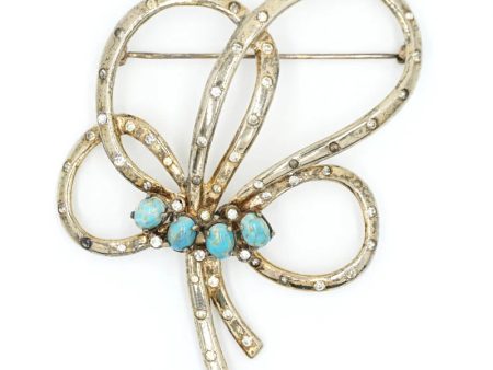 Gold, Turquoise & Diamanté Bow Brooch For Sale