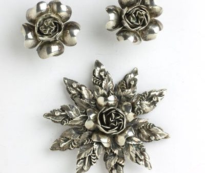 Sterling Floral Brooch & Earrings Set by Hobé Cheap