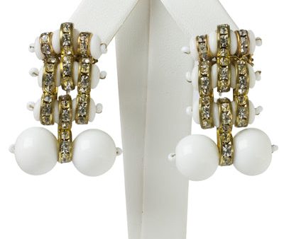 Milk Glass Bead, Diamanté & Gold Earrings by Miriam Haskell on Sale