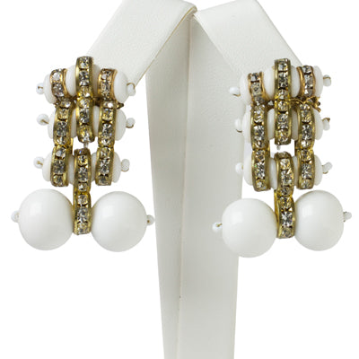 Milk Glass Bead, Diamanté & Gold Earrings by Miriam Haskell on Sale