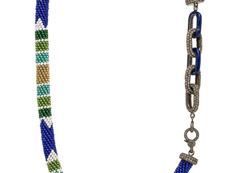 Blue and Green Enamel Bead Diamond Link Necklace on Sale