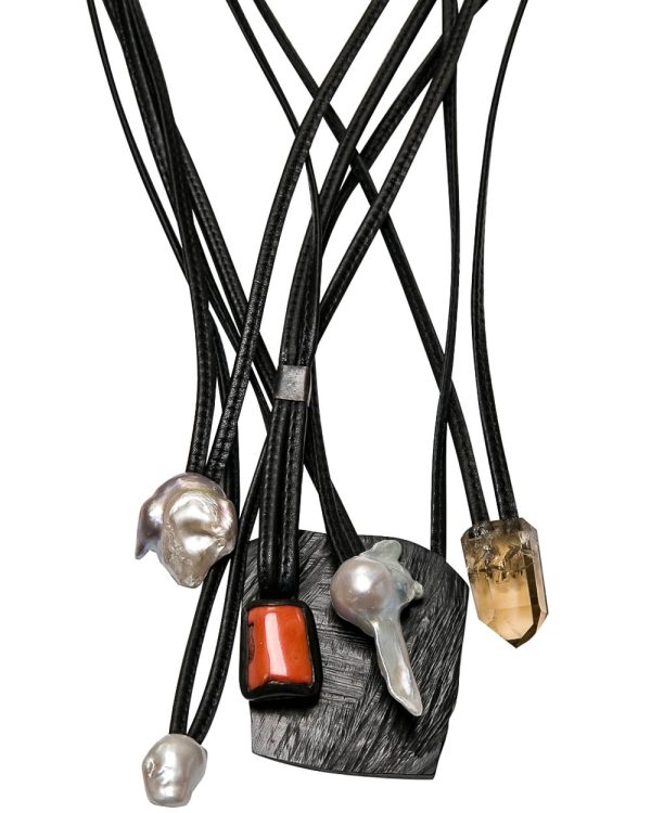 Ebony Leather and Multi Stone Layered Necklace Hot on Sale