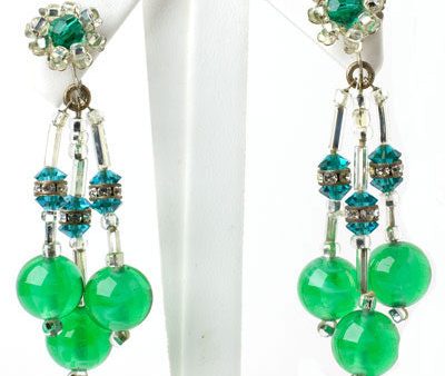 Emerald Bead & Rondelle Chandelier Earrings by Miriam Haskell Fashion