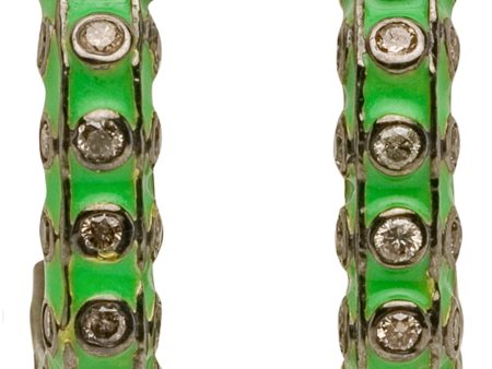 Green Enamel Diamond Box Hoop Earrings Supply