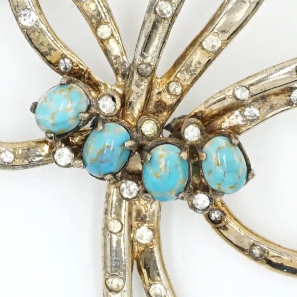 Gold, Turquoise & Diamanté Bow Brooch For Sale