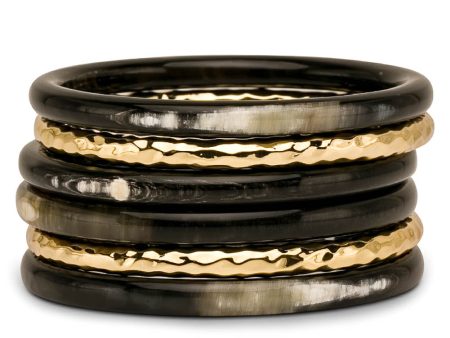 Black Horn and Hammered Gold Bangle Set Hot on Sale