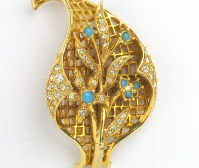 Turquoise, Diamanté & Gold Brooch by Hattie Carnegie Fashion