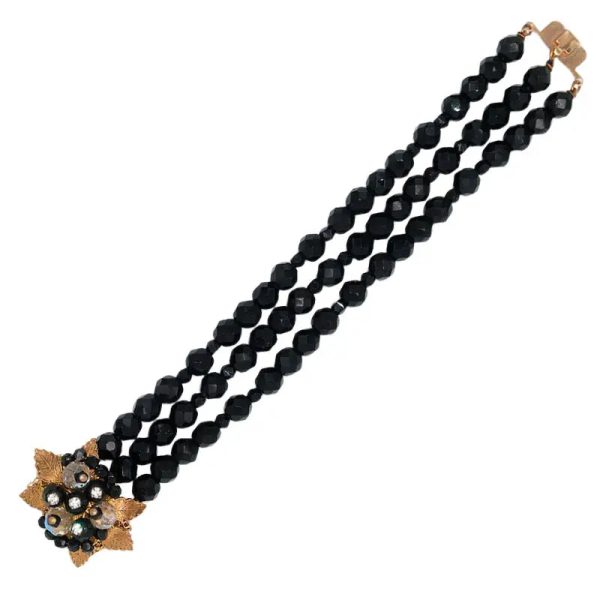 Onyx Bead 3-strand Bracelet with Corsage Clasp Cheap