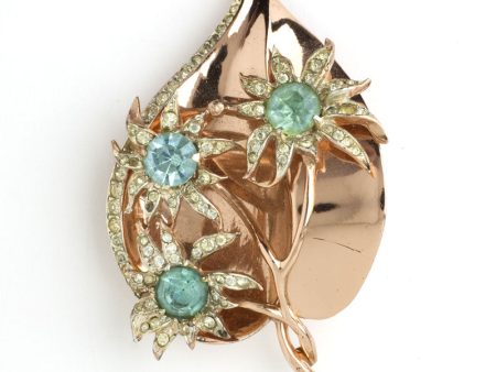 Aquamarine, Diamanté & Rose Vermeil Coro Leaf Pin Fashion