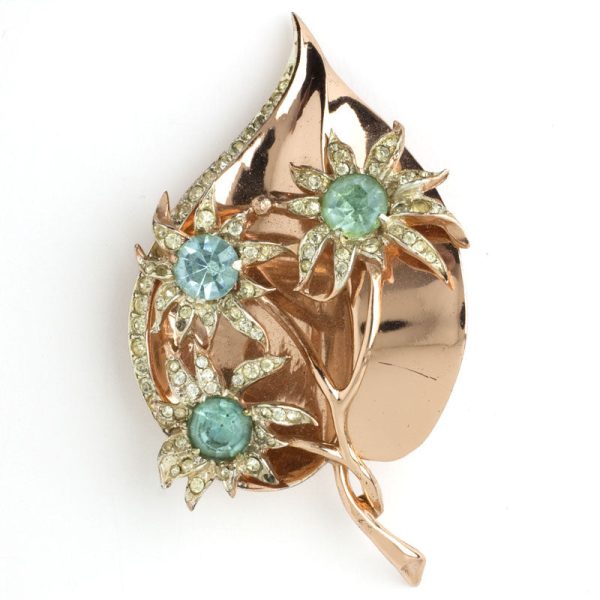 Aquamarine, Diamanté & Rose Vermeil Coro Leaf Pin Fashion