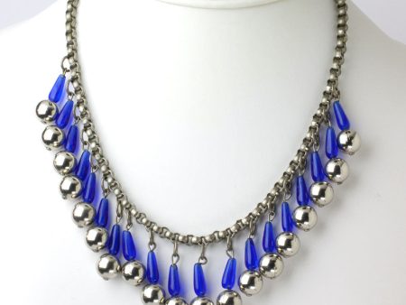 Blue Glass & Chrome Fringe Necklace Online Sale