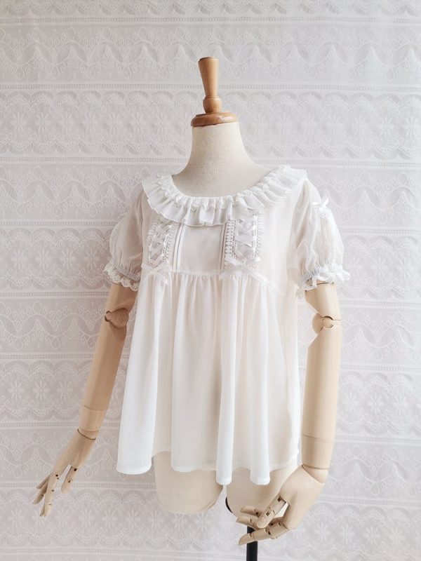 White Chiffon Lace Blouse Hot on Sale