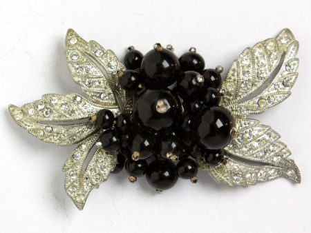 Black Bead & Diamanté Floral Brooch by Miriam Haskell on Sale