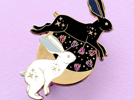 Black and White Hares and Moon Enamel Pin Online