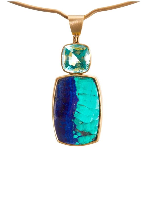 Daria de Koning Green Blue Pendant Seafoam beryl, azurite malachite, 18k yellow gold For Sale