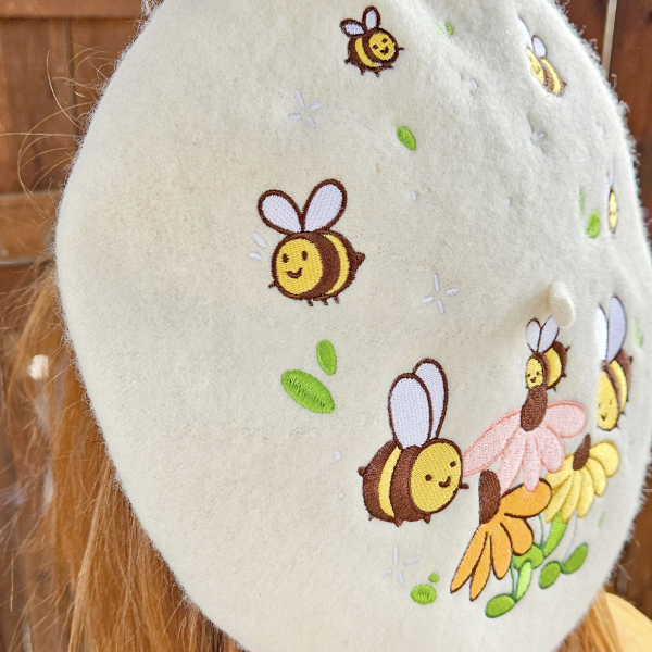 Flowers and Bee Pollinator Garden Embroidered Beret Hot on Sale