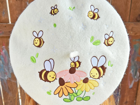 Flowers and Bee Pollinator Garden Embroidered Beret Hot on Sale