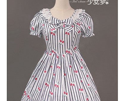 Cherry Stripe Ruffle Collar One Piece in White Discount