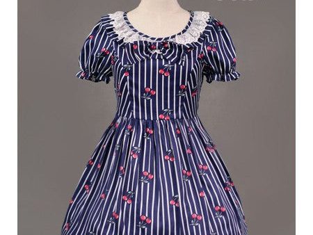 Cherry Stripe Ruffle Collar One Piece in Navy Discount